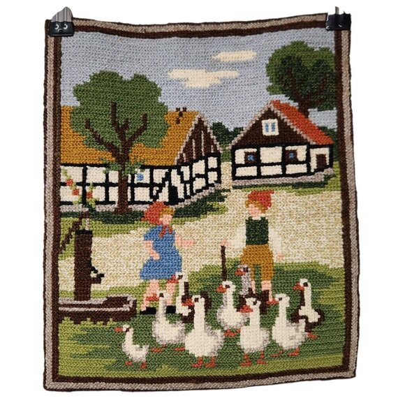 Handmade Other - Vintage Swedish Hand Made Needlepoint Girl Boy Geese Farmhouse 13.5"x11.25"